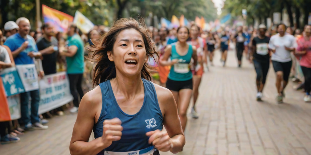 Blurry action shot of a woman participating in a community run, her face full of determination, colorful banners lining the path, and supporters cheering in the background.