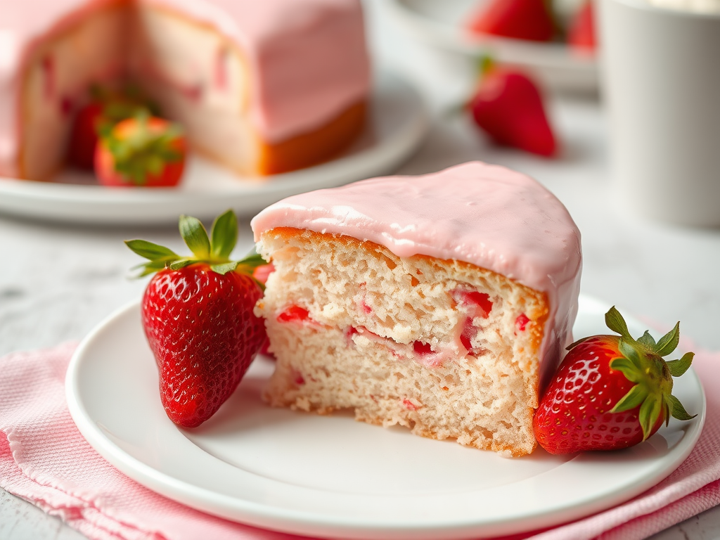 A close-up of a slice of pink frosted cake on a white plate with a fresh strawberry on the side, set on a textured pink napkin, with a blurred background showcasing more cake and strawberries. The cake has a smooth, shiny glaze and a fluffy interior, emphasizing its moist texture.