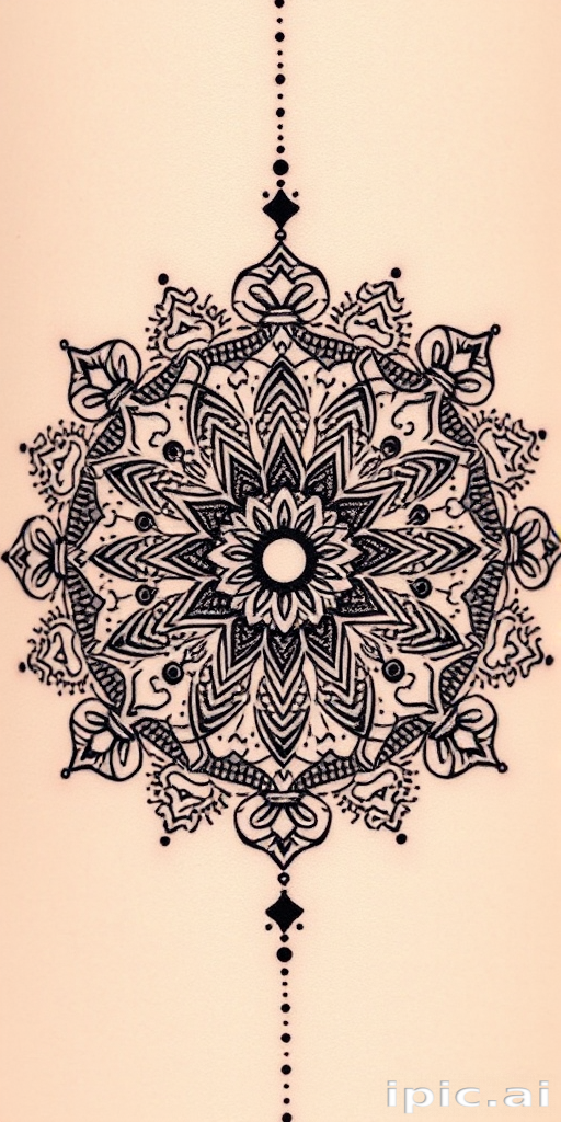 Dotwork mandala tattoo named "Cosmic Symmetry" featuring an intricate circular design composed of thousands of tiny dots, representing the universe's interconnectedness, renowned for its meticulous detail and meditative quality