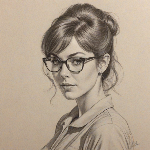 Beauteous Amy Pietz, pencil sketch, portrait of Alluring woman 1966s in glasses, hair style beatnik, outline, clear lines, fine lines, 8k