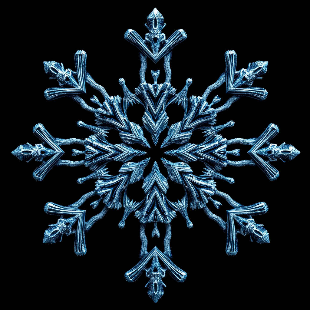 Generate a detailed digital illustration of a symmetrical snowflake design, high resolution, shot with a 50mm lens at f/8 aperture for sharpness, using a digital SLR camera in macro mode to capture intricate details and textures, with a clean black background to enhance contrast.