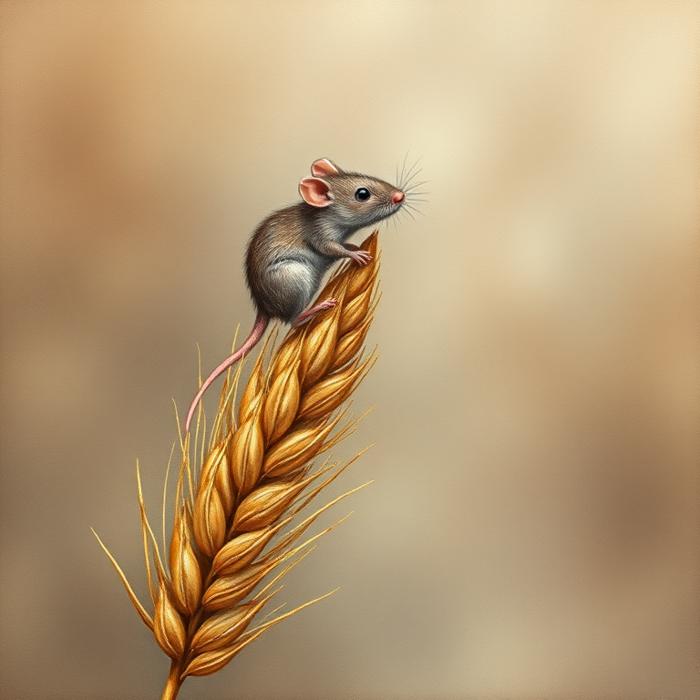 Soft, muted Alcohol Ink with ebru effect background image of tiny whimsical rat, who climbed high on the top of a golden rye ear.