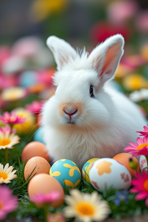 A fluffy white rabbit surrounded by colorful Easter eggs in a vibrant flower garden, shot with a Canon EOS R5 at f/2.8, ISO 100, 1/200 sec, using a 50mm lens, with a shallow depth of field and soft bokeh background for enhanced detail and color vibrancy.