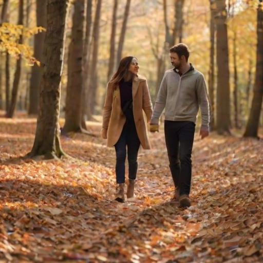 Blurry, candid photo of a young couple walking through an autumn forest, leaves falling around them, soft sunlight filtering through the trees, distant birds chirping, and the crunch of leaves underfoot.