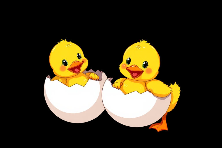 Create a vibrant cartoon illustration of two cheerful yellow ducklings, one emerging from a cracked egg, set against a solid black background, shot with a Canon EOS R5 at f/11, ISO 100, 1/200s, in a vibrant color style, using a macro lens to enhance details.