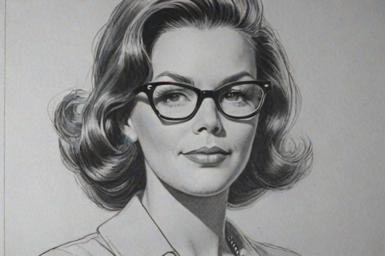 Ravishing Marsha Gay Harden, pencil sketch, portrait of Pleasing woman 1950s in glasses, hair style beatnik, outline, clear lines, fine lines, 8k