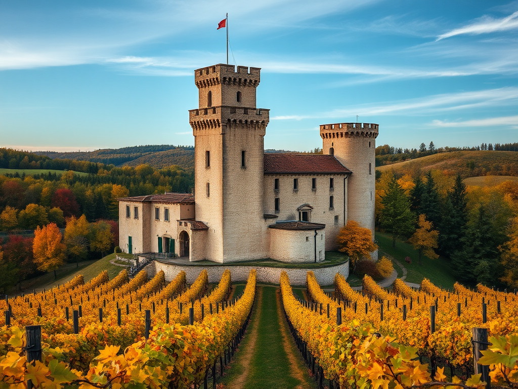 Capture a high-resolution image of a medieval castle tower surrounded by vibrant vineyards during autumn, using a Canon EOS R5 with a 24-70mm f/2.8 lens, aperture set to f/11, ISO 100, and a resolution of 45 megapixels, from a slightly elevated perspective to emphasize the landscape and architecture.