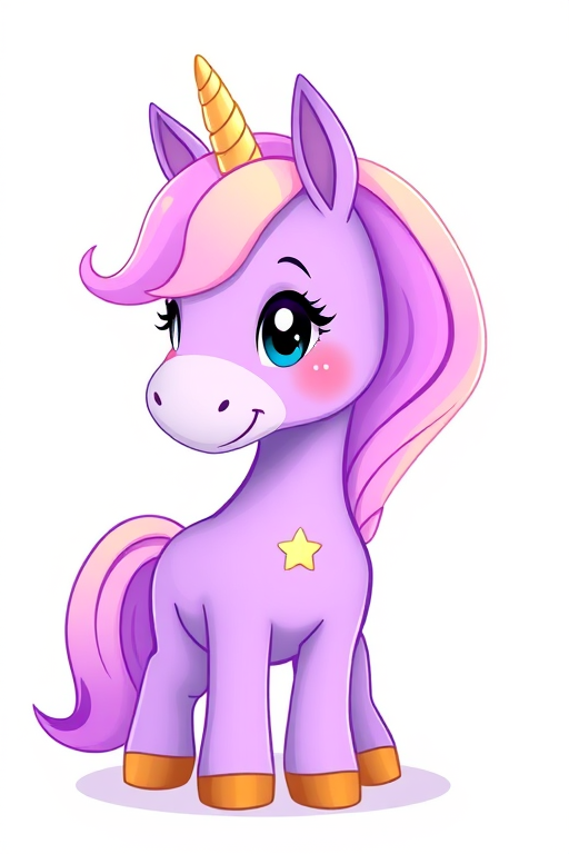 Create a vibrant illustration of a friendly purple unicorn with a flowing blonde mane and a star-themed cutie mark, captured with a DSLR camera at 50mm focal length, f/2.8 aperture, 1/125s shutter speed, in a bright studio setting with soft lighting for a clean, high-definition quality.