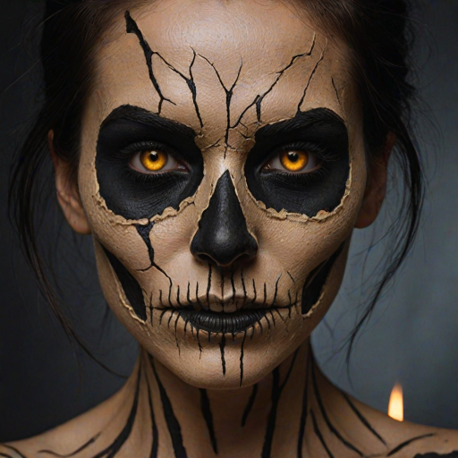 Create image featuring a close-up of a face painted like a skull. The skin is predominantly white with textured, cracked paint. The eye sockets are painted black, blending into the natural shadows of the eyes, creating a deep, hollow look. Bright, intense golden-yellow lights radiate from the eyes, casting a warm glow that contrasts with the cold, esoteric background. The nose is painted black in the shape of a spade. The mouth area features black lines extending from the corners, resembling a stitched effect. The face has sporadic black hair strands that frame it dramatically, adding to the eerie yet captivating feel. The background is blurred and dark, enhancing the focus on the face. Small, glowing orange embers are scattered sporadically across the image, contributing to the mysterious and magical atmosphere. The overall style is hyper-realistic with an emphasis on the contrast between light and dark elements, giving it an almost supernatural
