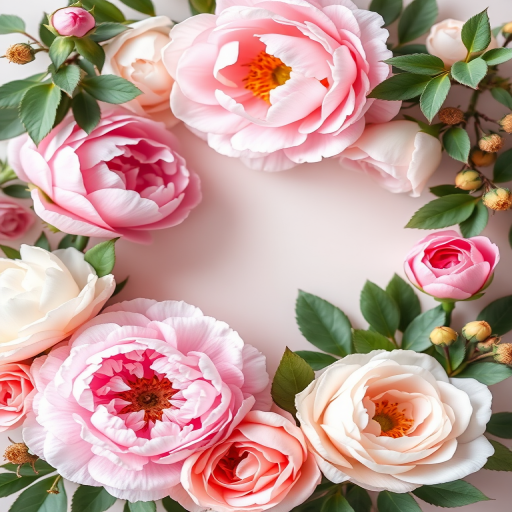 Create a high-resolution floral frame illustration featuring an array of pastel-colored flowers like peonies and roses with leafy green accents, using a Canon EOS 5D Mark IV, 50mm lens, f/1.8 aperture, ISO 100, and natural soft lighting for a bright and vivid appearance.