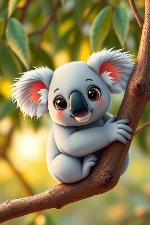 Create a high-quality digital illustration of a cute cartoon koala sitting on a tree branch, high-resolution 4K, close-up view, vibrant colors, using a Canon EOS R5 with an 85mm f/1.4 lens at ISO 100, aperture f/2.8, and shutter speed 1/200s.