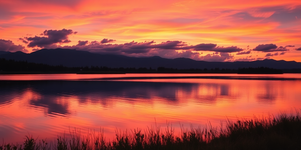Create a vibrant sunset over a calm lake, reflecting the colors of the sky, taken with a DSLR camera at f/8 aperture, ISO 100, 1/200 sec shutter speed, with a wide-angle lens at a low angle to capture the foreground.