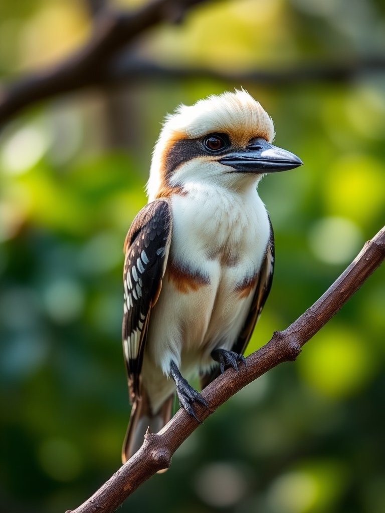 capture a high-resolution image of a kookaburra perched on a branch using a Canon EOS 5D Mark IV with an 85mm f/1.4 lens at ISO 200, aperture f/2.8, shutter speed 1/200s, soft natural lighting, shallow depth of field, focus on the bird's details while softly blurring the background