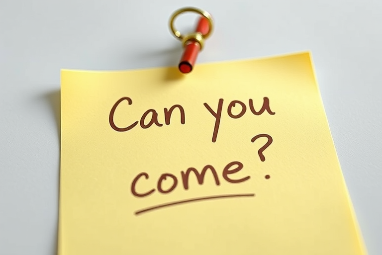 Yellow post-it note, hand written in brown pen text "Can you come??", 3d, hd, hyper realistic,