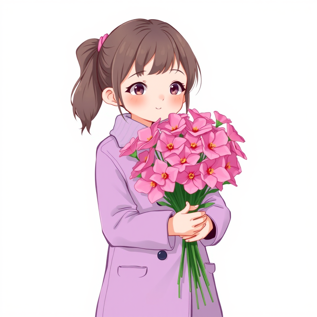 Create an illustration of a girl in a lavender coat holding a bouquet of pink flowers, standing against a white background, shot with a 50mm lens at f/2.8, with a soft focus and high saturation, using a digital art style.