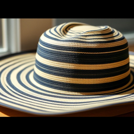 Create a high-resolution image of a striped hat with a wide brim, using a DSLR camera with a 50mm lens, aperture f/2.8, ISO 100, in bright natural lighting from a slightly elevated angle focusing on texture and detail.