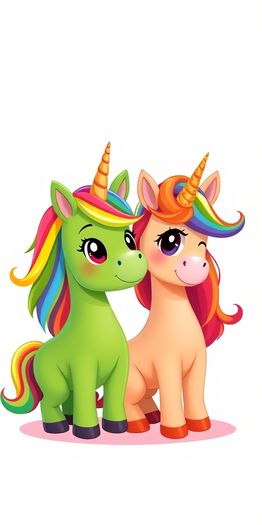 Create a vibrant digital illustration of two cartoon unicorns, one green with a rainbow mane and one orange with a sparkly rainbow mane, set against a bright white background, using a Canon EOS R5 camera, 50mm lens, f/1.8 aperture, ISO 100, and 1/200s shutter speed to enhance clarity and colors.