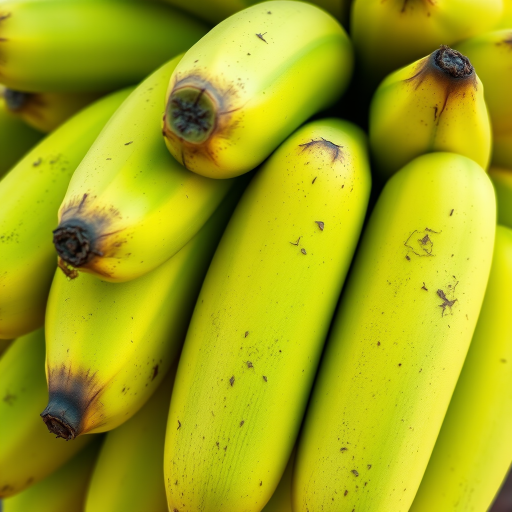 Regenerate a close-up image of a bunch of green bananas with vibrant colors and detailed texture, using a DSLR camera with a 50mm lens, f/2.8 aperture, ISO 100, natural lighting, and a shallow depth of field to enhance the focus on the bananas.