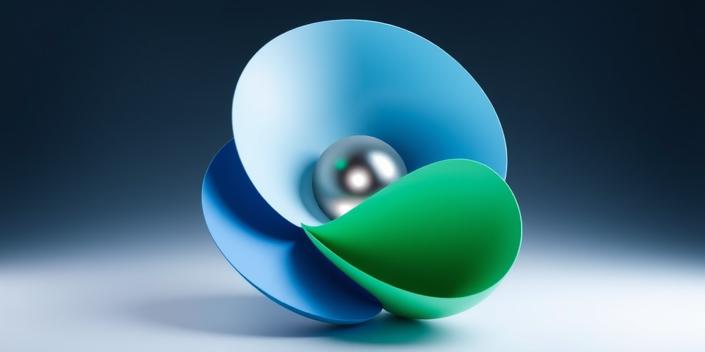 Create a 3D abstract design featuring overlapping smooth shapes in shades of blue and green, with a shiny silver core, soft shadows, and a gradient background, captured using a DSLR camera at f/8 aperture, ISO 100, 50mm lens, in a studio lighting setup.