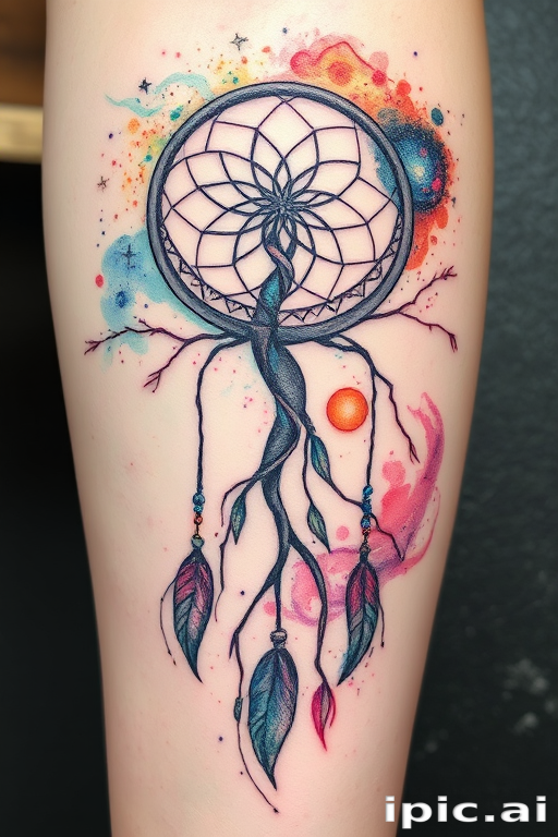 Surrealist watercolor tattoo named "Dreamscape Fusion" portraying a dreamcatcher morphing into a tree of life, with its branches extending into swirling galaxies and nebulae, utilizing soft pastel hues and ethereal brush strokes to create a dreamy, otherworldly atmosphere