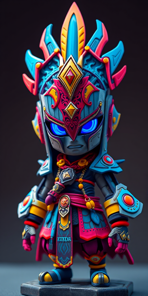 Create a pixel art character in vibrant colors resembling a futuristic warrior with an oversized head, intricate design, and wearing an ornate outfit, captured with a Canon EOS R5 at f/4, ISO 100, 50mm lens, shooting from a slight low angle to emphasize details and depth.