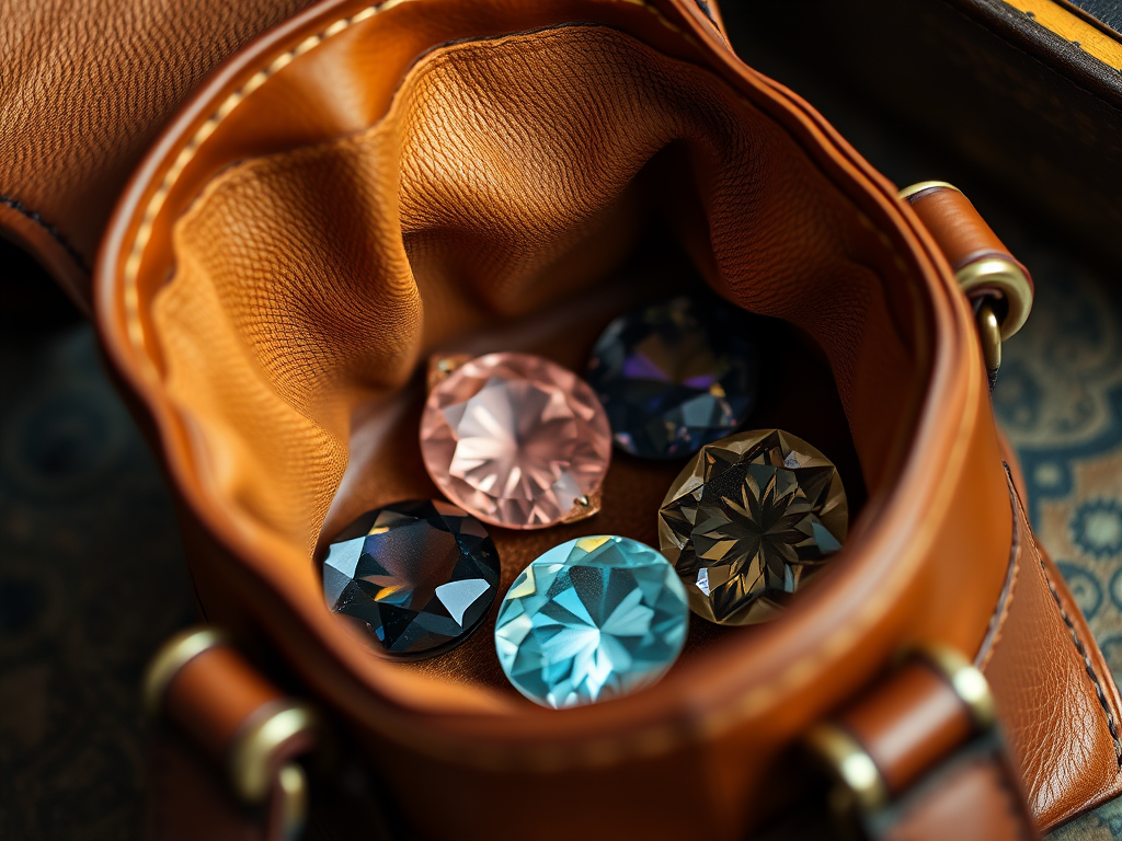 A close-up shot of an open vintage leather bag containing four luminous gemstones, with a focus on intricate details of the bag and gems, shot with a Canon EOS R5, 50mm f/1.2 lens, aperture f/1.8, ISO 100, at a 45-degree angle, using soft, diffused lighting to enhance colors and textures.