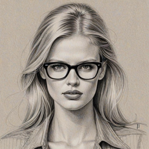 Charming Lara Stone, pencil sketch, portrait of Bewitching woman 1979s in glasses, hair style beatnik, outline, clear lines, fine lines, 8k