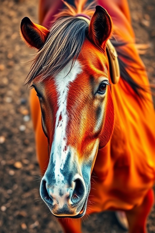 Regenerate the image of a horse with vibrant colors and a dynamic background captured using a DSLR camera at ISO 100, f/2.8, 50mm lens, top-down view, using a vivid color style to enhance texture and details.