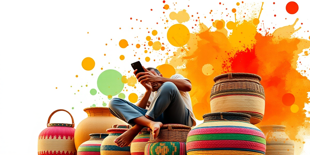 Capture a vivid watercolor-style image of a contemplative man sitting barefoot on colorful woven containers, holding a smartphone, with artistic vibrant splashes of orange and green background, using a mirrorless camera at 50mm focal length, f/2.8 aperture, 1/125s shutter speed, ISO 200, natural lighting at golden hour.