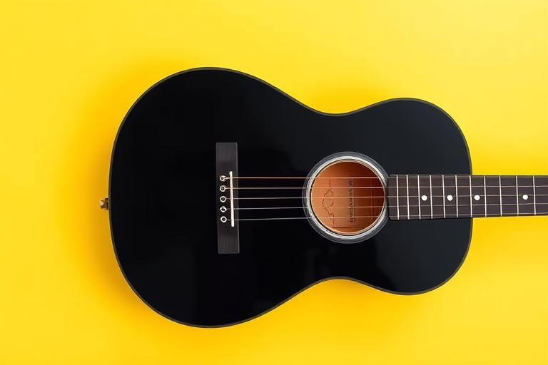 Create a minimalist image of a black guitar rounded body with visible strings and a pick on a bright yellow background, using a DSLR camera with a 50mm lens at f/1.8, ISO 100, and a shallow depth of field to enhance focus on the guitar details.