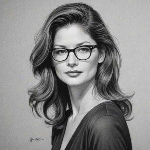 Elegant Jill Hennessy, pencil sketch, portrait of Enticing woman 1947s in glasses, hair style beatnik, outline, clear lines, fine lines, 8k