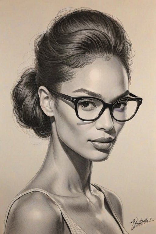 Graceful Joan Smalls, pencil sketch, portrait of Sublime woman 1959s in glasses, hair style beatnik, outline, clear lines, fine lines, 8k