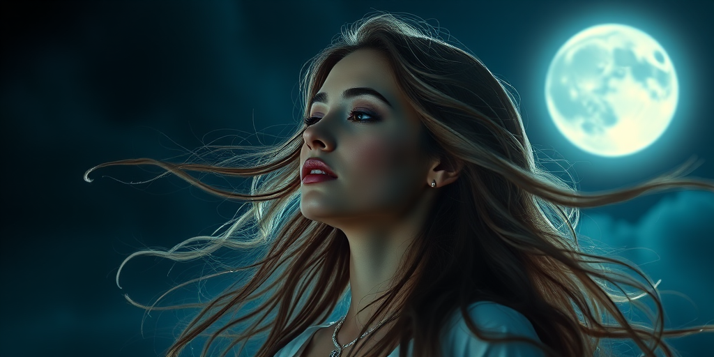 Create a high-resolution fantasy portrait of a serene woman with flowing hair, illuminated by a glowing full moon in a mystical night sky, using a Canon EOS R5 with a 50mm f/1.2 lens, shot at ISO 100, aperture f/1.8, and a slow shutter speed of 1/60 sec, with a soft-focus effect to enhance the ethereal ambiance.