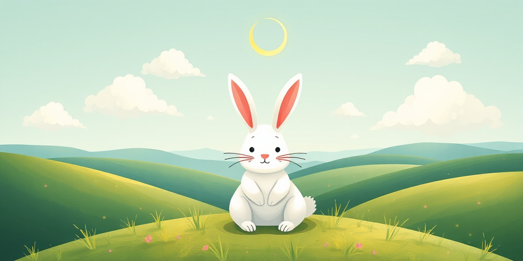 Create a whimsical illustration of a peaceful rabbit in a serene landscape with rolling hills and fluffy clouds under a crescent moon, captured with a DSLR camera at f/2.8 aperture, ISO 100, 50mm lens, shot in natural light for a soft, dreamy effect.
