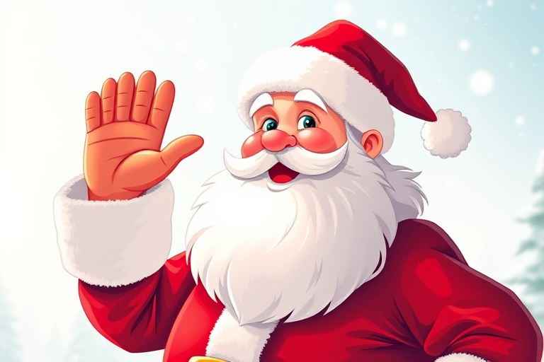Create a vibrant illustration of a cheerful Santa Claus waving, with a snowy background, captured using a DSLR camera at f/4 aperture, 50mm lens, ISO 100, in bright daylight with soft diffused lighting.