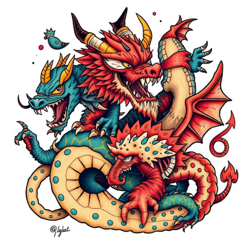 Neo-traditional tattoo dubbed "Mythical Menagerie" featuring stylized mythical creatures with bold lines, vivid colors, and exaggerated features in a whimsical and fantastical composition