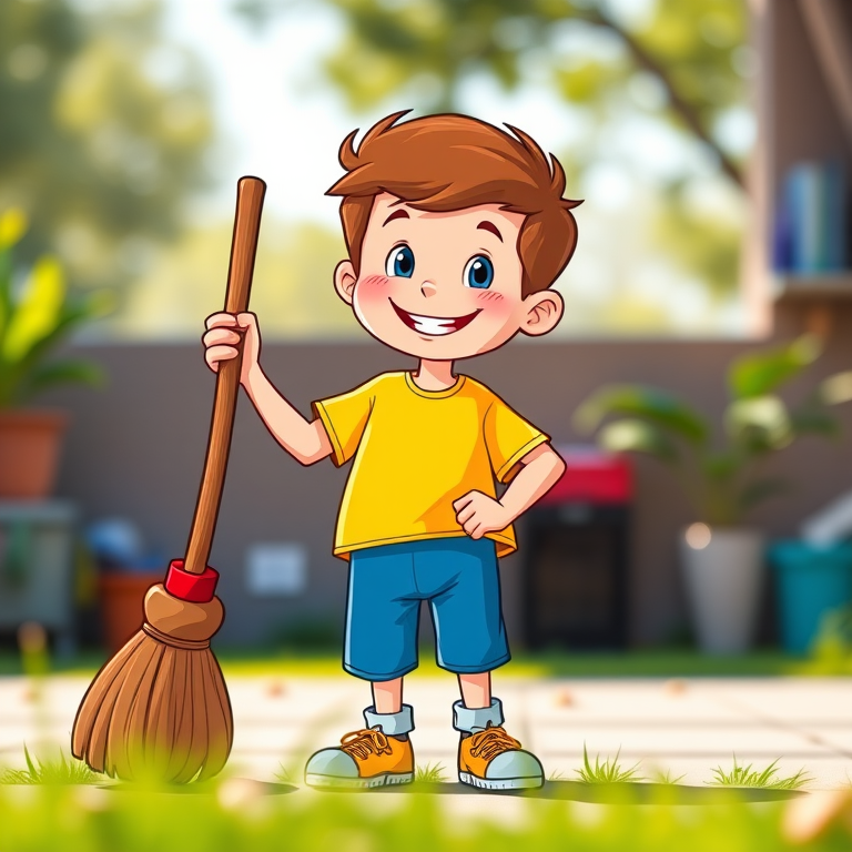 Create an illustration of a cheerful cartoon boy with a broom wearing a bright yellow shirt and blue pants, in a vibrant and colorful style, captured with a DSLR camera at f/2.8 aperture, 50mm lens, natural lighting, with a shallow depth of field to enhance details in the foreground.