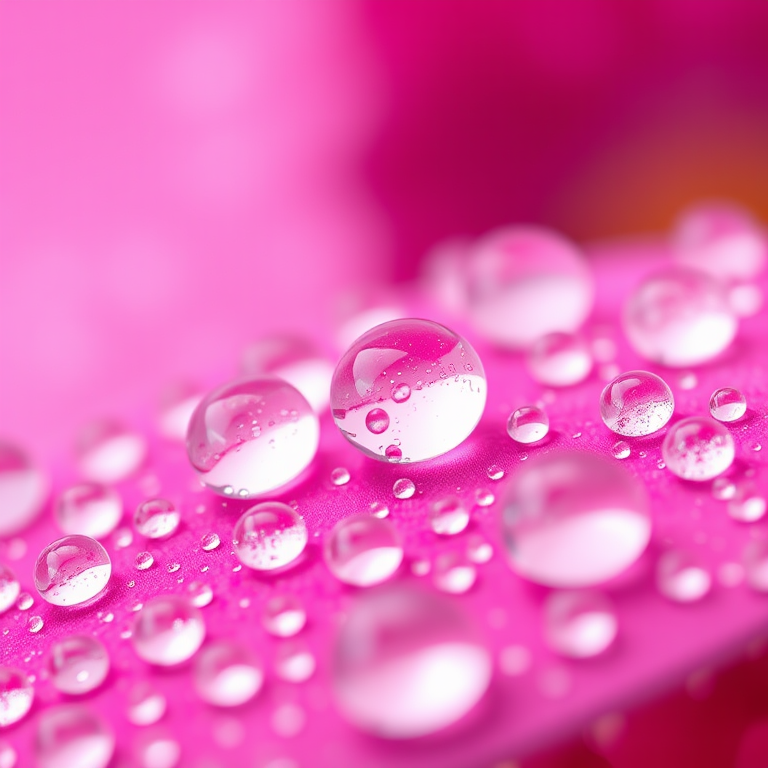 Create a high-resolution close-up image of water droplets on a vibrant pink background with a bokeh effect, using a DSLR camera with a 100mm macro lens, aperture set to f/2.8, ISO 200, and a shutter speed of 1/200 seconds to capture intricate details and enhance overall clarity.