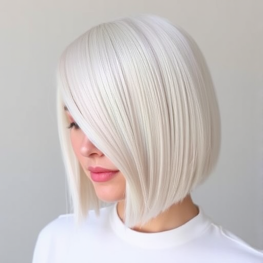 Minimalist hair style showcasing a sleek chin-length bob in a uniform platinum blonde hue with a razor-sharp middle part
