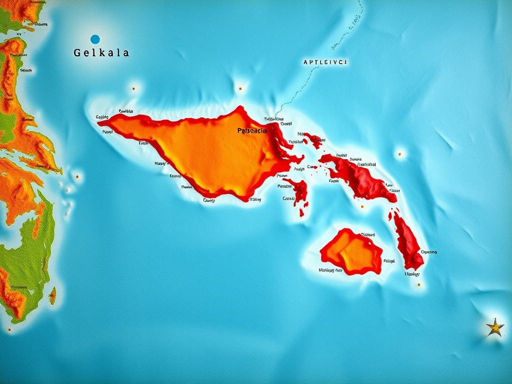 Generate a high-quality image of a stylized map highlighting Papua New Guinea with vibrant colors, using a DSLR camera, 50mm lens, f/2.8 aperture, ISO 100, and a top-down view to enhance detail and clarity.