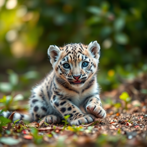 a playful snow leopard cub in a lush green setting, shallow depth of field, soft focus background, shot with a Canon EOS 5D Mark IV, 85mm f/1.8 lens, ISO 200, aperture f/2.8, natural lighting to enhance detail and texture of the fur