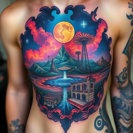 Surreal body tattoo depicting a dreamscape melting into reality across the ribcage, blending photorealistic elements with abstract forms in vivid psychedelic hues