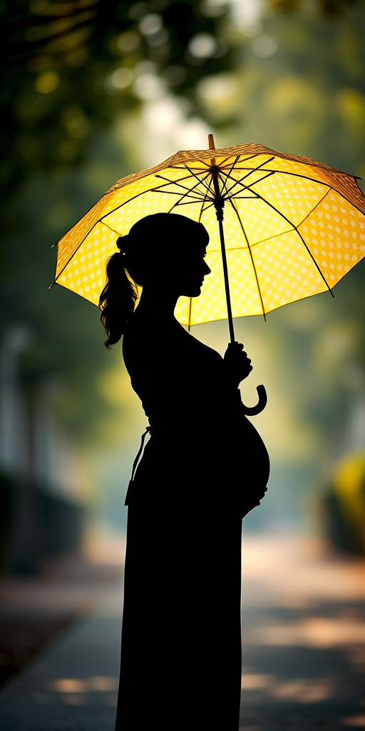 Create a silhouette of a pregnant woman holding a yellow polka dot umbrella, featuring a soft focus background, shot with a DSLR camera at f/4 aperture, 50mm lens, ISO 200, in natural light to enhance image quality.