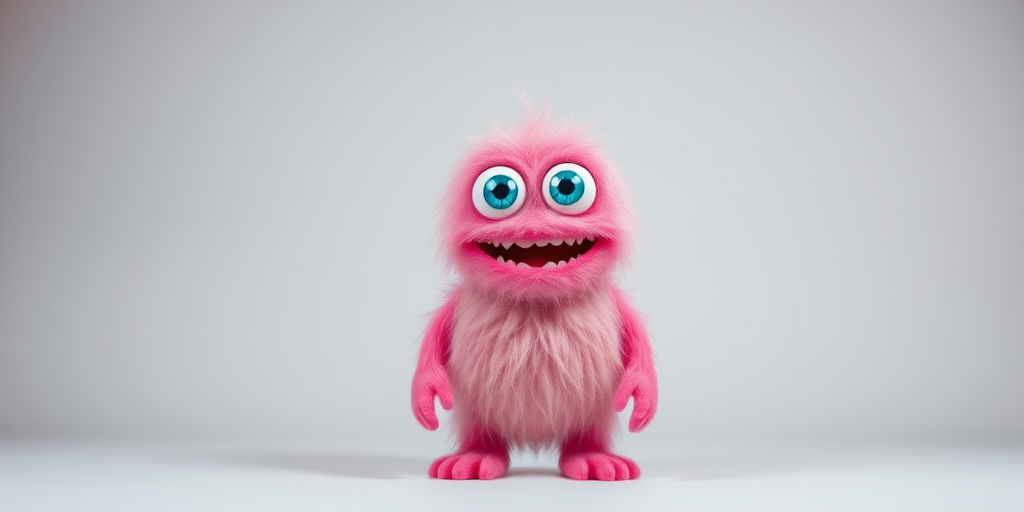 Create a fluffy pink monster with large blue eyes and a big smile, standing upright with exaggerated features against a plain background, shot with a Canon EOS R5 at f/2.8, 1/125 sec, ISO 100, using a wide-angle lens for a playful perspective and vibrant colors.