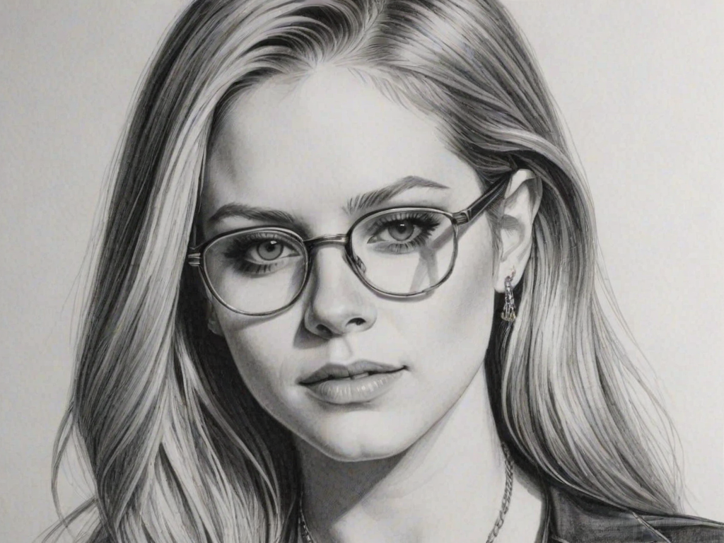 Alluring Avril Lavigne, pencil sketch, portrait of Beauteous woman 1935s in glasses, hair style beatnik, outline, clear lines, fine lines, 8k