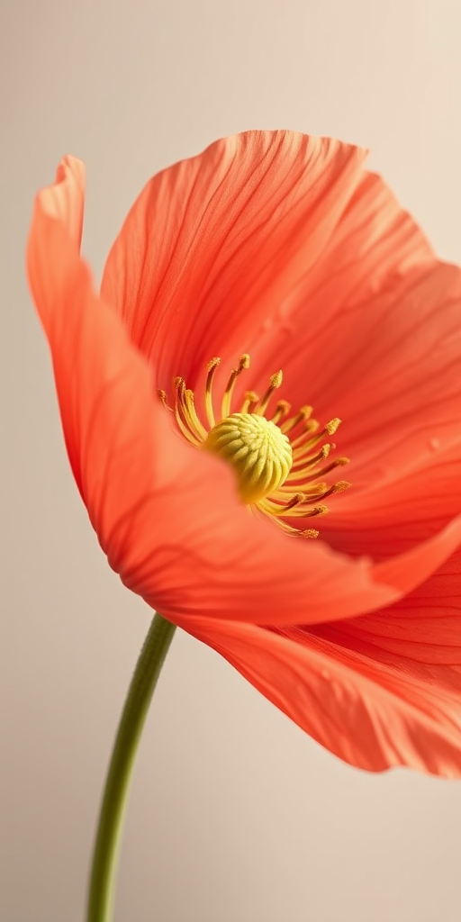 Create a detailed illustration of a delicate coral poppy flower with intricate petal textures, soft lighting, and a neutral background, captured using a macro lens at f/2.8, ISO 100, shutter speed 1/200 sec, with a digital SLR camera for high-resolution quality.