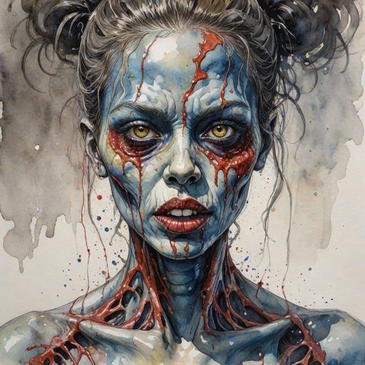 (perspective) of A creepy (ethnicity) zombie cyborg with (descriptive color) skin, (color) lipstick (color) liquid flowing from her eyes and mouth, (perspective two) portrait, (camera angle), extremely detailed, (art style) in the style of Yoshitaka Amano and Tetsuo Hara. --ar 85:128 --style raw --niji 6