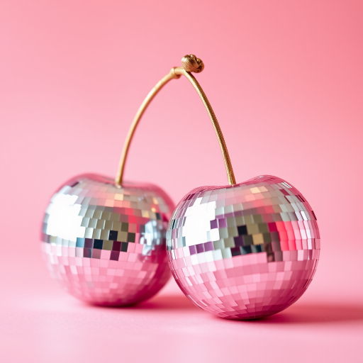 photograph of two shiny disco ball cherries on a soft gradient pink background, 50mm lens, f/2.8 aperture, ISO 100, soft lighting, shot from eye level, using a DSLR camera, high dynamic range settings
