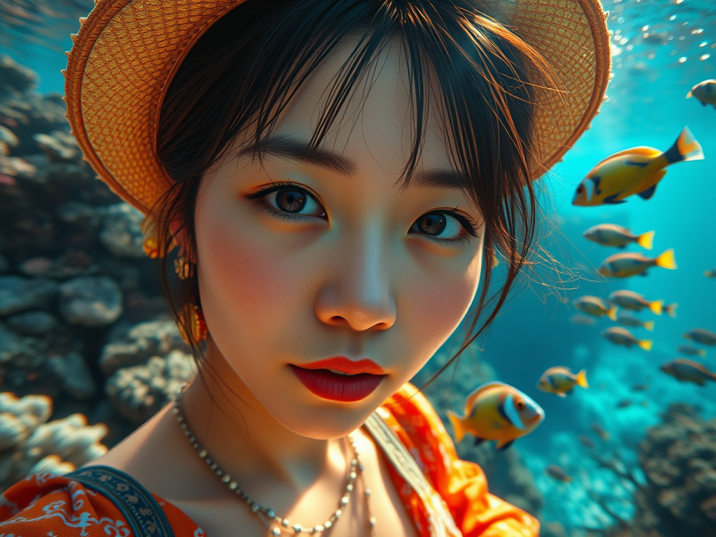 Realistic selfie image of a Asian, wearing a vintage outfit, detailed dreamy eyes, droopy hooded eyes, staring at the camera, taken underwater at coral reef with a sunbeam filtering through the water, vibrant, summer vacation, natural lighting, turtle and school of tropical fish with vibrant colors, rendered in the style of CryEngine, Pegi Nicol MacLeod, with realistic genre scenes, hauntingly beautiful narratives, ultra-realism, and Thomas Saliot's close-up technique, 8K resolution, crystal clear and sparkling water.