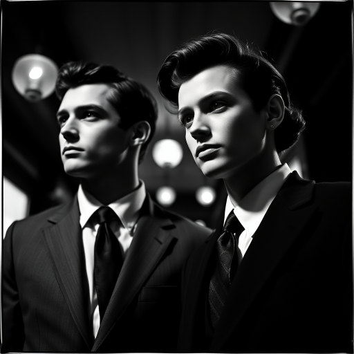 Black-and-white photograph, couple, tailored suits, retro hairstyles, film noir style, Tilt the camera for a dynamic Dutch angle using a versatile 24-70mm lens